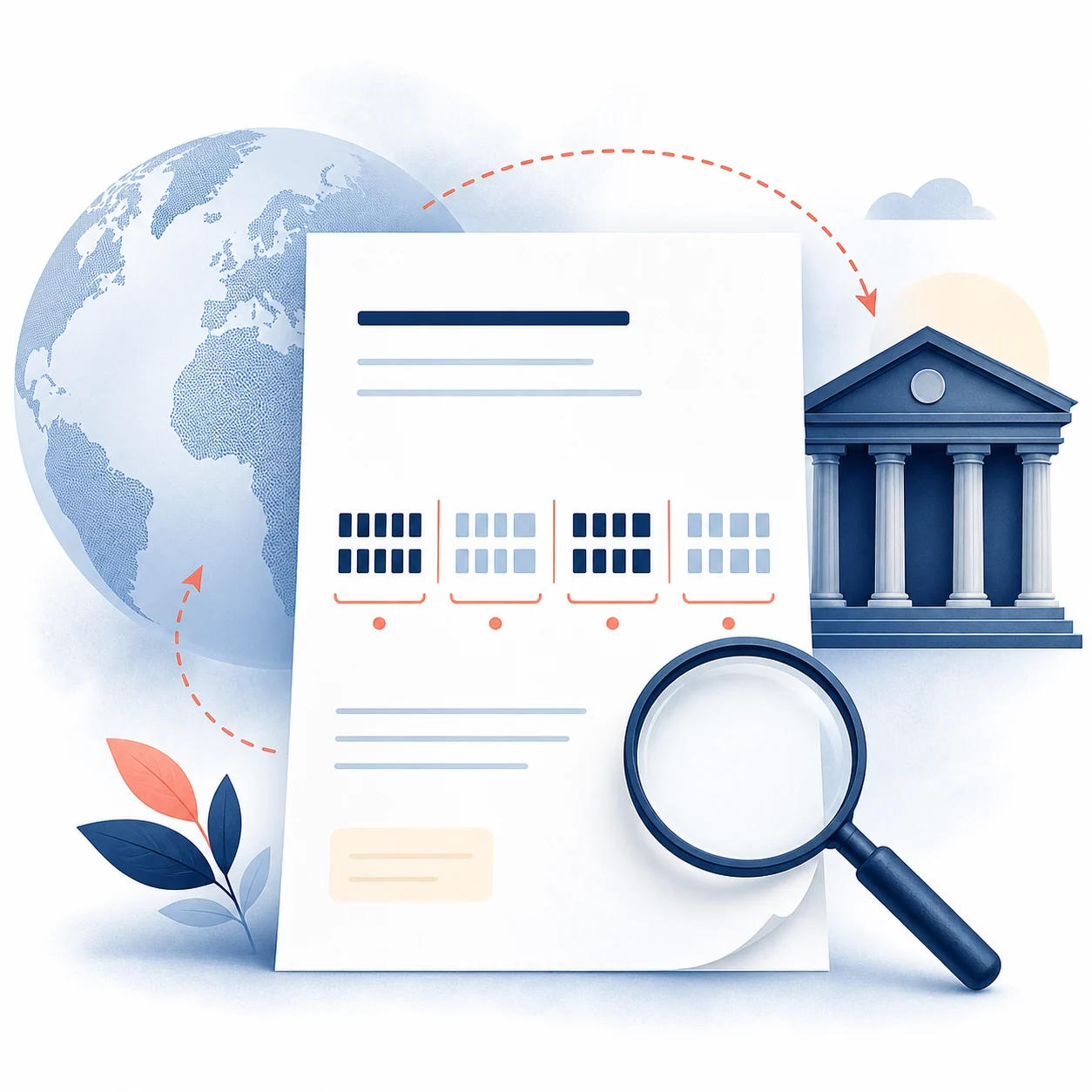 Editorial illustration of an abstract IBAN document, globe, bank, and magnifying glass