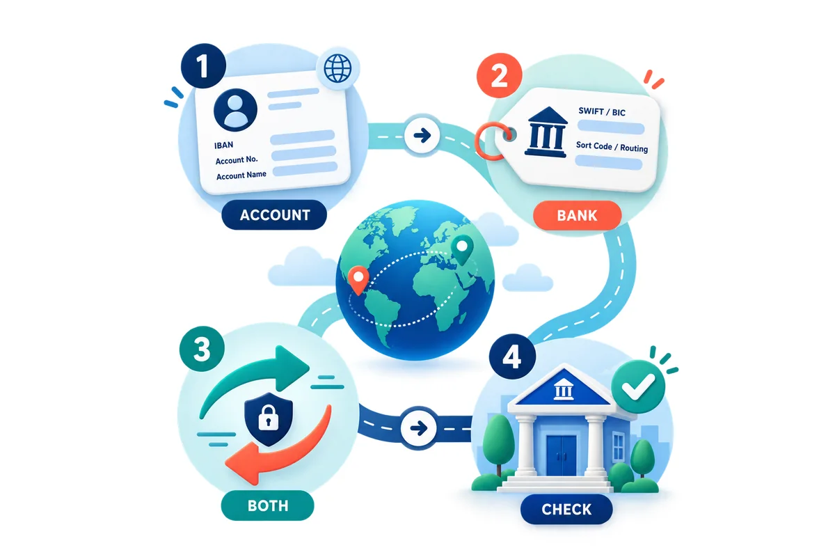 Four-step editorial checklist showing account details, bank routing, both identifiers, and final payment confirmation