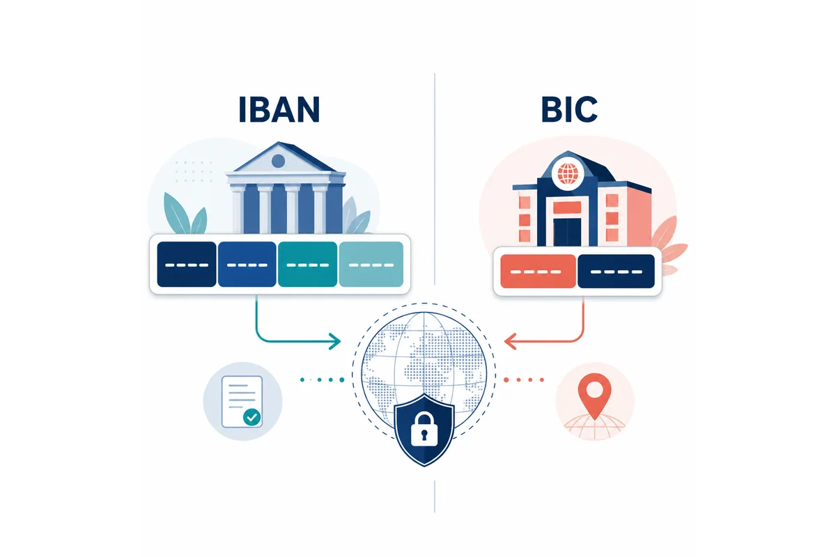 Editorial comparison of an IBAN account identifier and a BIC bank-routing identifier