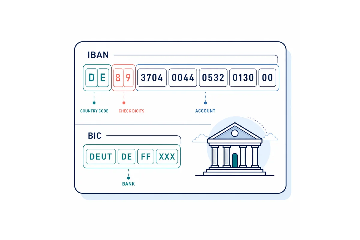 Editorial diagram separating IBAN country and check fields from BIC bank-routing fields