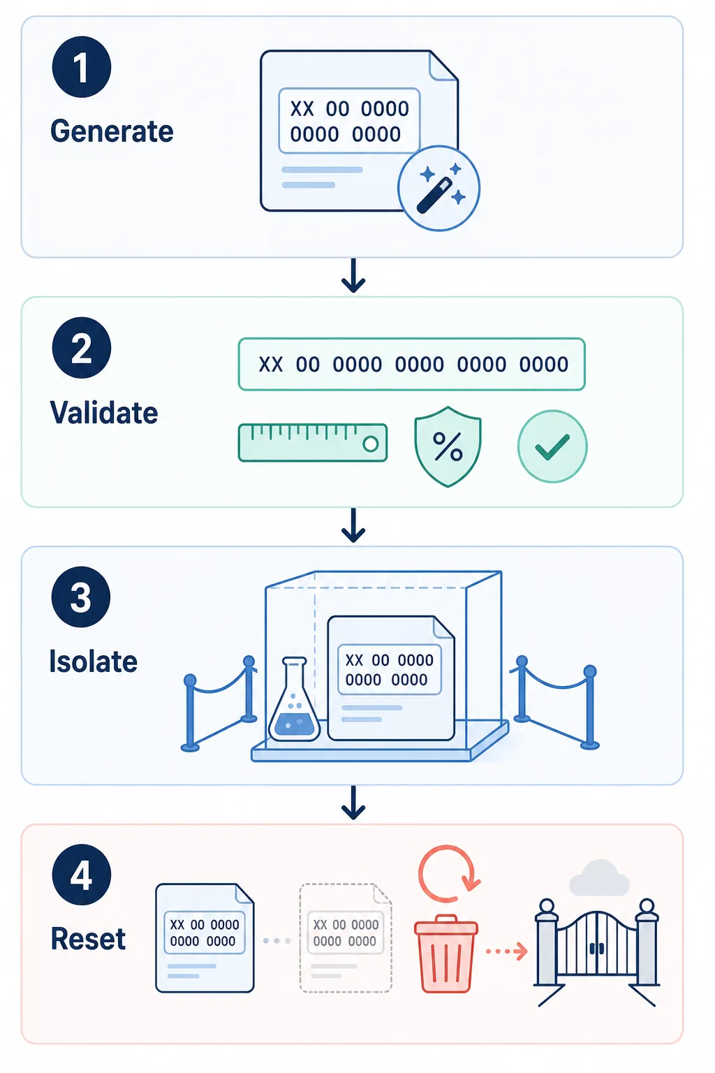 Editorial four-step flow showing how to generate, validate, isolate, and reset an IBAN test fixture