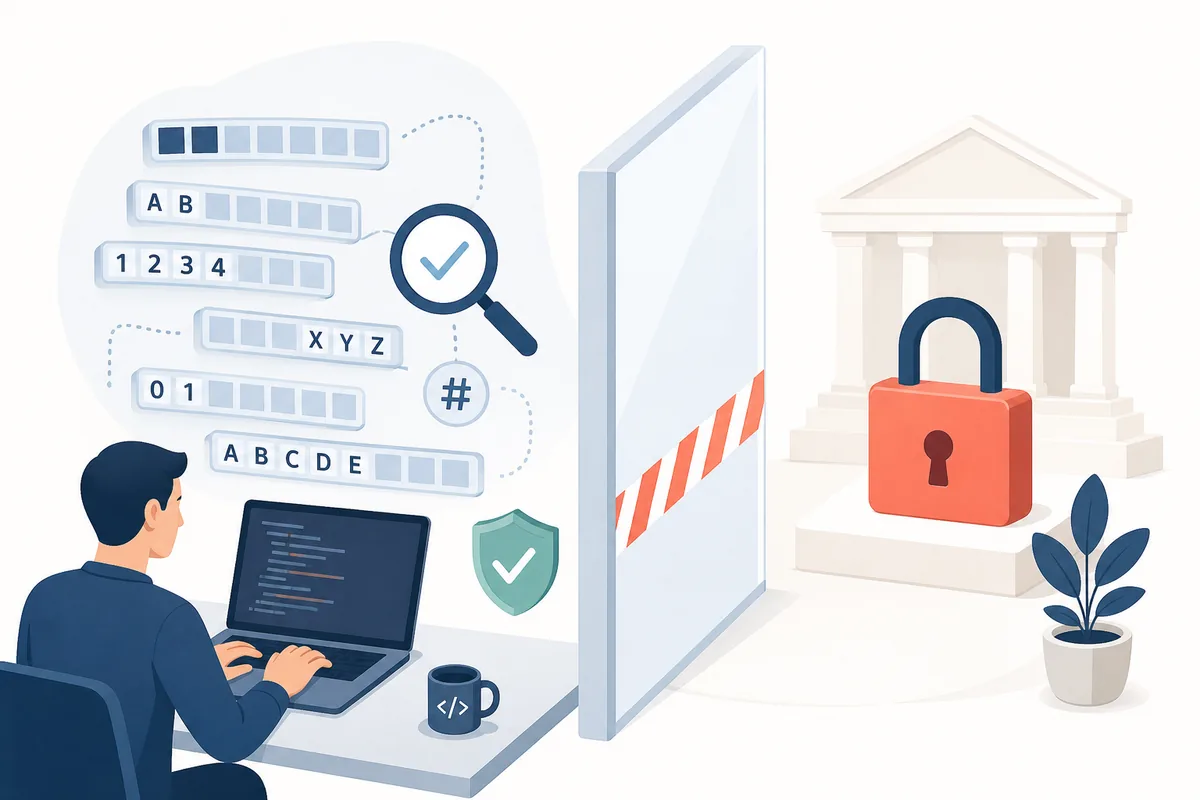 Editorial illustration of synthetic IBAN fields being checked in a developer test workspace separated from production