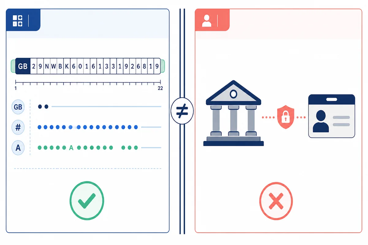 Comparison graphic showing format and checksum validation on one side and account ownership verification on the other